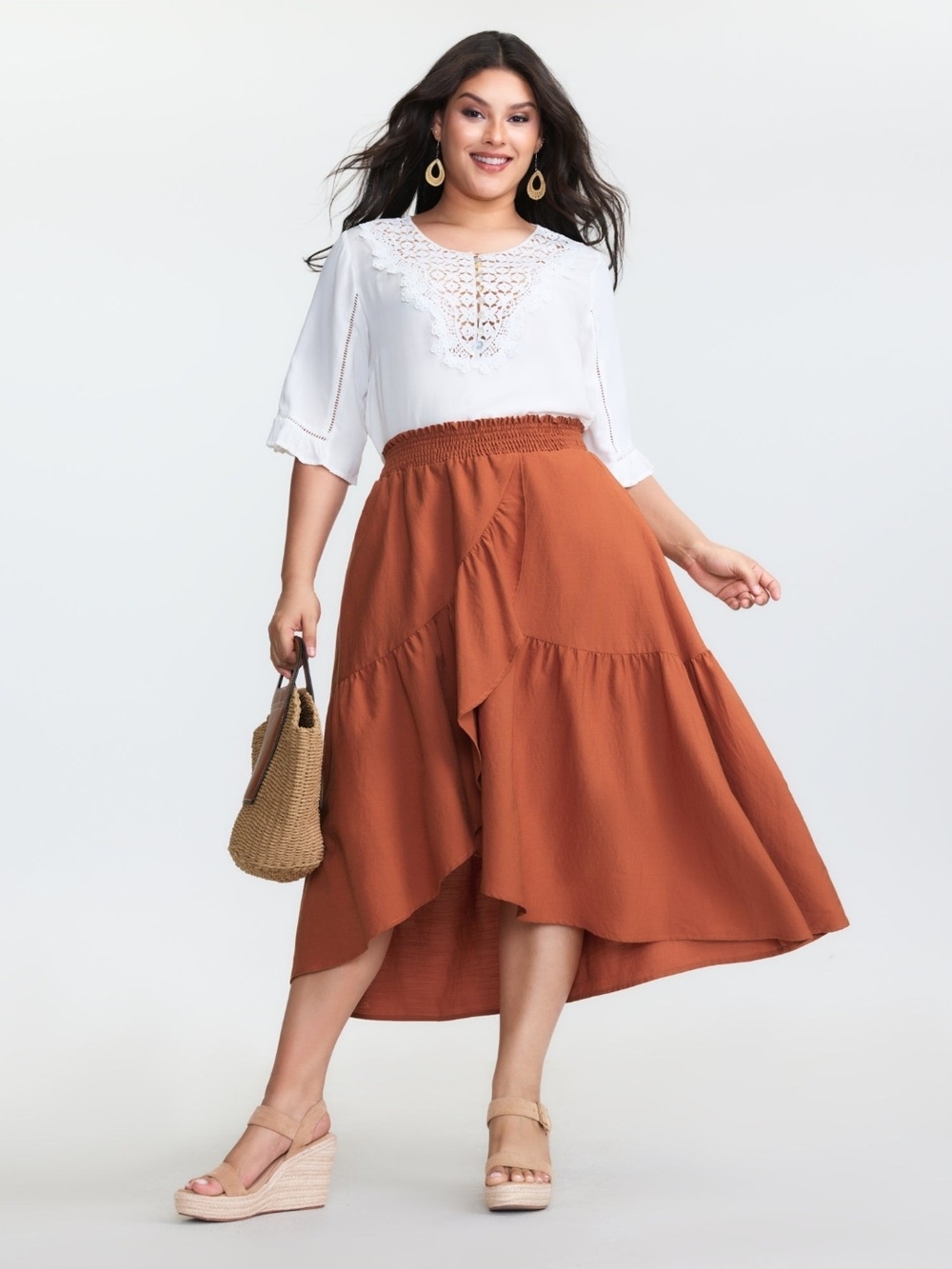 BloomChic Rust High-Low Tiered Maxi Skirt